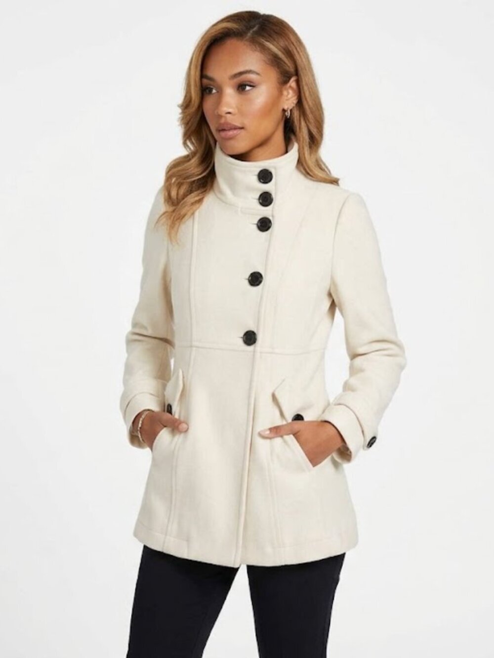 Guess Classic Neutral Cream Wool Button Up Peacoat Size XS